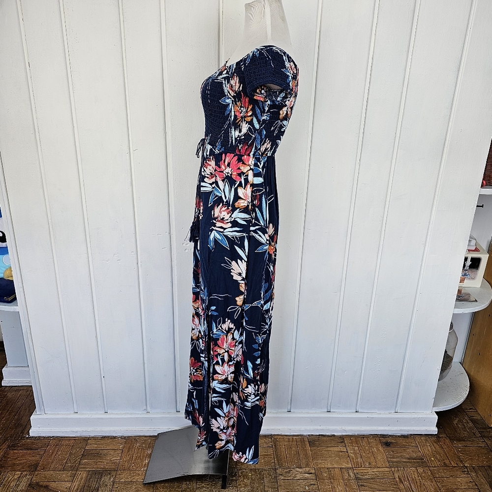 Band of Gypsies Smocked Bodice Blue Pink Floral Boho Tassel Slit Maxi Dress Med. - Picture 13 of 16